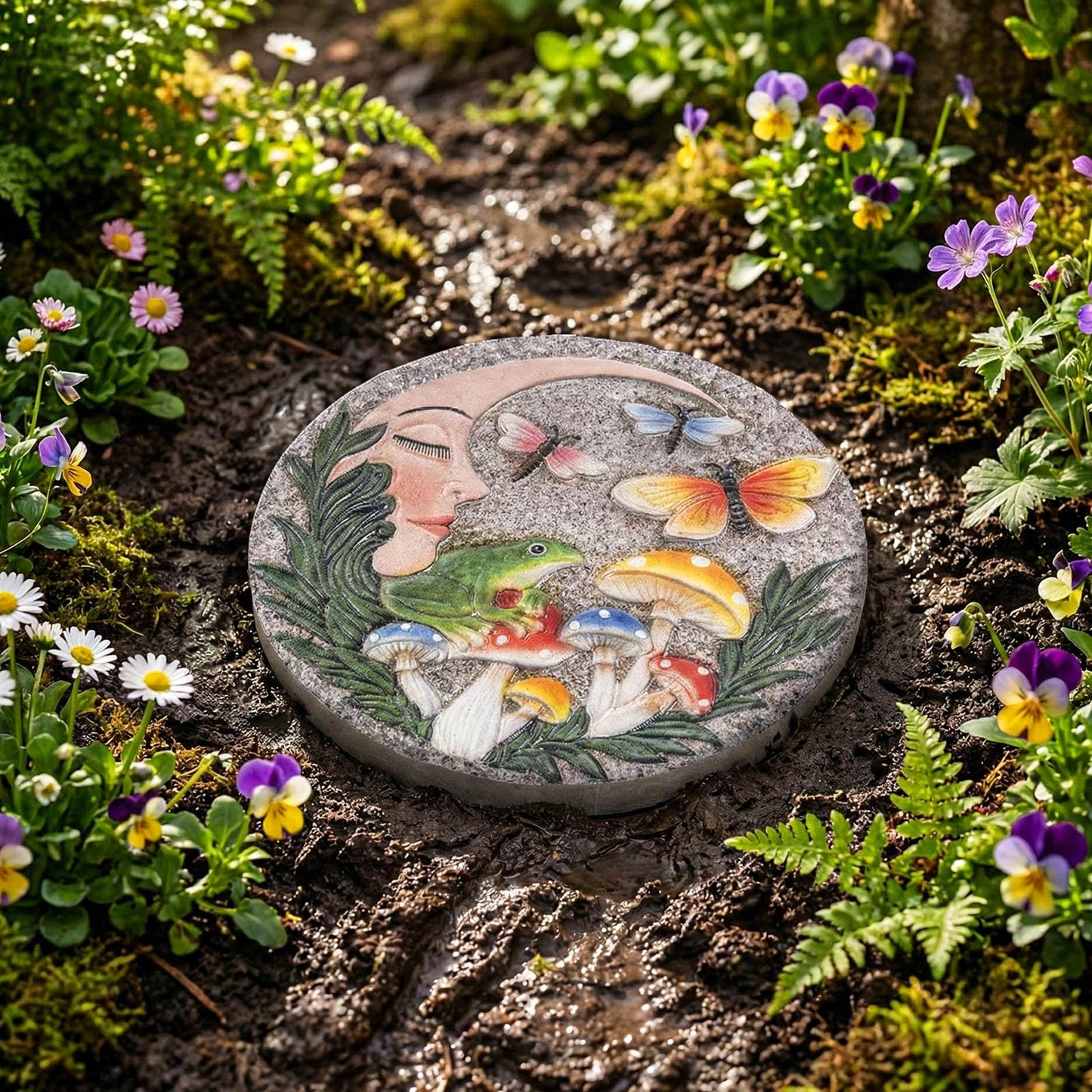 Bechivie Garden Stepping Stones Outdoor, 9.8" Resin Frog Stepping Stone with Moon Butterfly Mushroom, Spring Decorative Round Walkway Gardening Gifts Home Decor for Outside Yard Pathway Patio Lawn