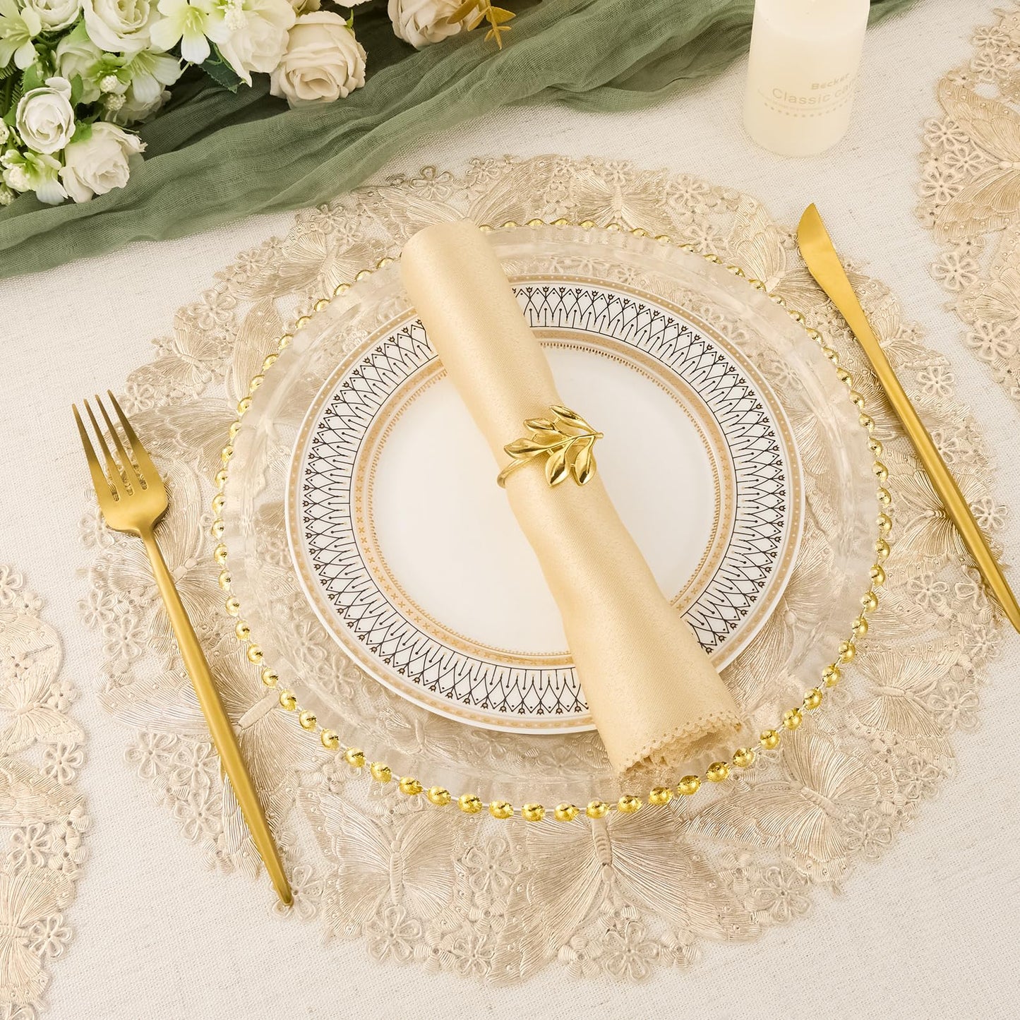 Gold Round Placemats Set of 6 Metallic Pressed Vinyl Butterflies Flower Place Mats for Dinner Table Setting Decor Holiday Wedding Accent Centerpiece Table Mats