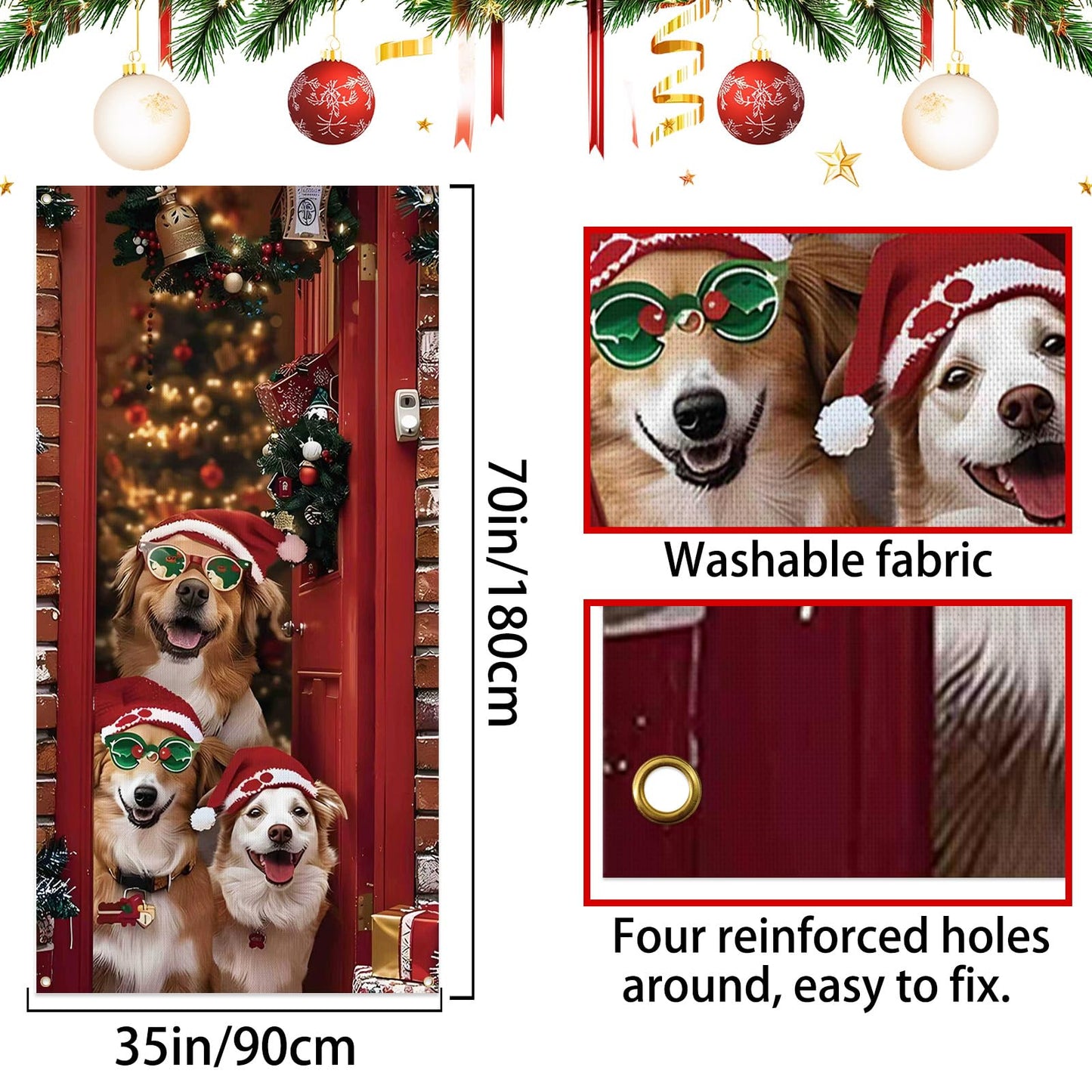 Christmas Door Cover Cute Santa Dogs Front Door Covers Decoration 71x36 Inch, Merry Christmas Banner for Holiday Parties, Winter Xmas Decor with Fabric, Festive Backdrop for Home & Office