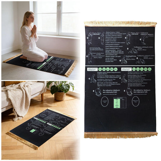 Read in English and say it in Arabic Guided Prayer Mat, Non-Slip Educational Janamaz for New Muslims, Reverts & Kids Learning Prayer - Large Spiritual Gift (Black, 65x110cm)