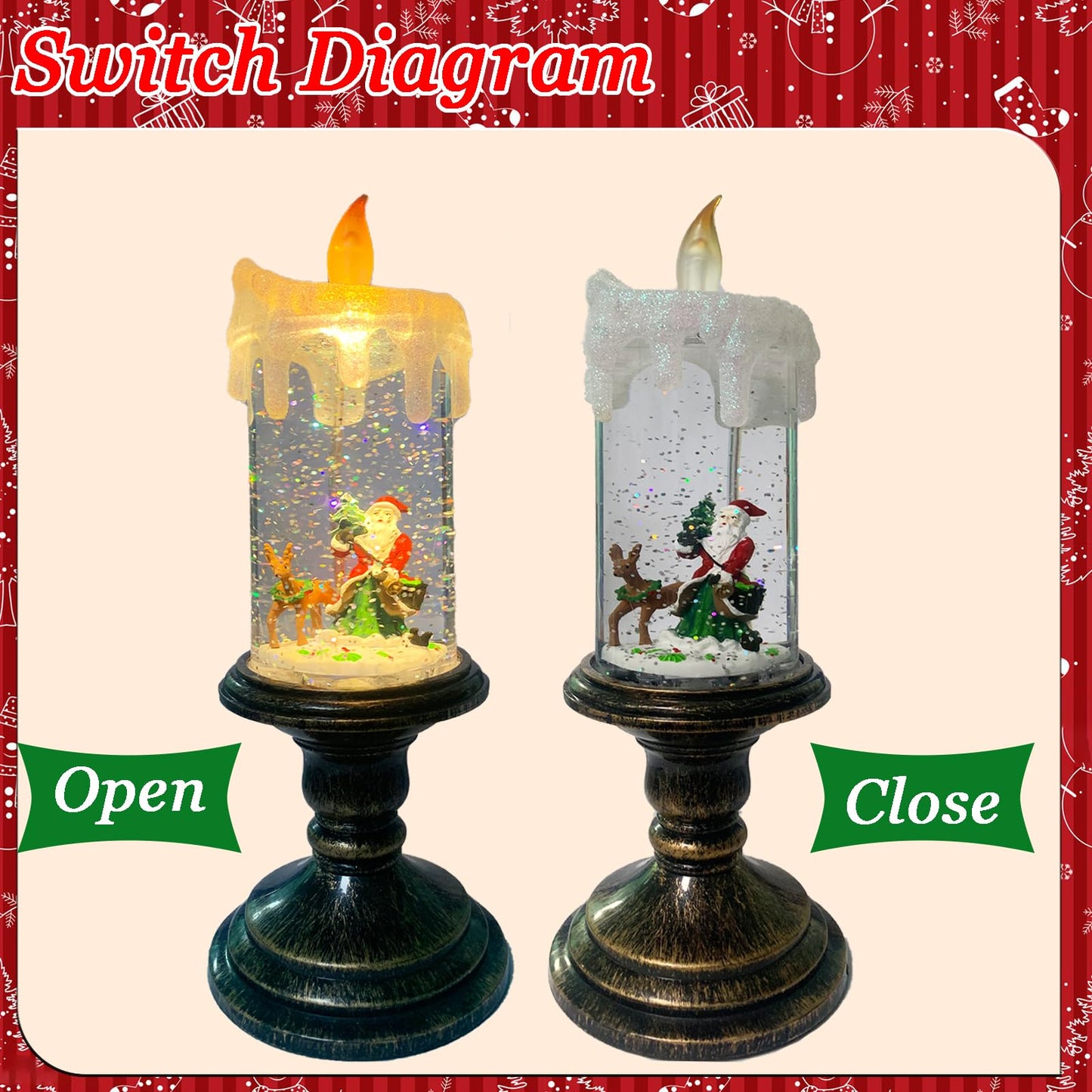 Flameless Snow Globe Candle Light Christmas Santa Decoration with Swirling Water & Glitter, Spinning LED Candles for Home, Tabletop, Holiday Decor