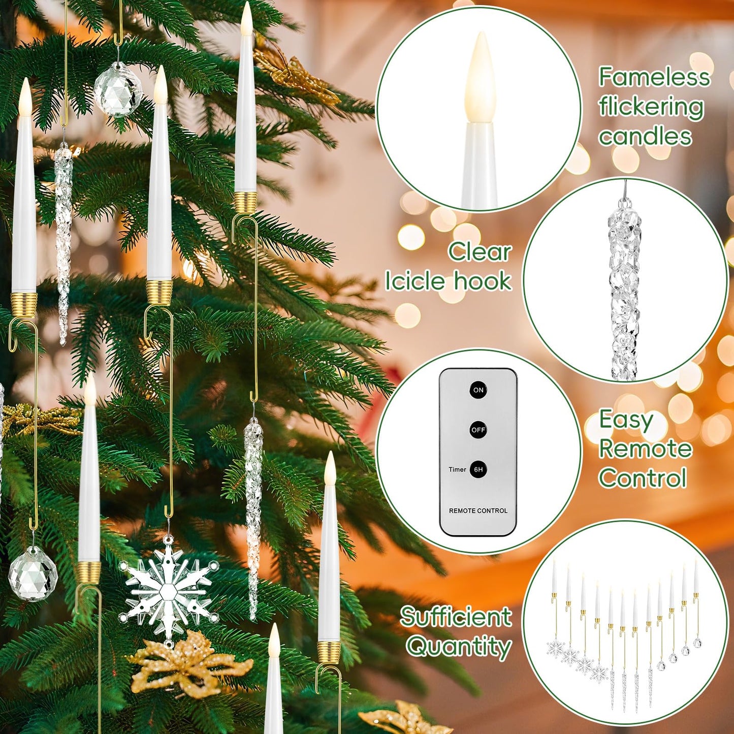 Baquler 12 Pcs Christmas Tree Candles with Remote, Flameless LED Taper Candles Battery Operated Lights with Ball Icicles Snowflake Hooks Xmas Hanging Decor for Winter New Year Party