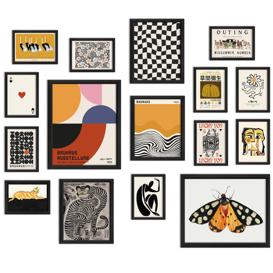 ANERZA 16 PCS Framed Eclectic Wall Art Decor, Modern Maximalist Wall Prints for Bedroom, Vintage Gallery Wall Frame Set, Bauhaus Funky Posters for Home Decor, Retro Abstract Dorm Collage Kit