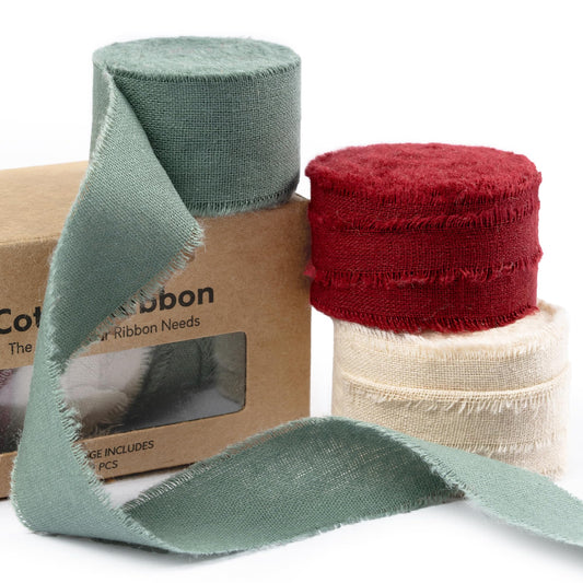 Keypan Christmas Ribbon Set 1" x 15 Yards with Frayed Fringe Fabric Cotton Ribbons for Gift Wrapping Wedding Invitations Flower Bouquet Baby Shower