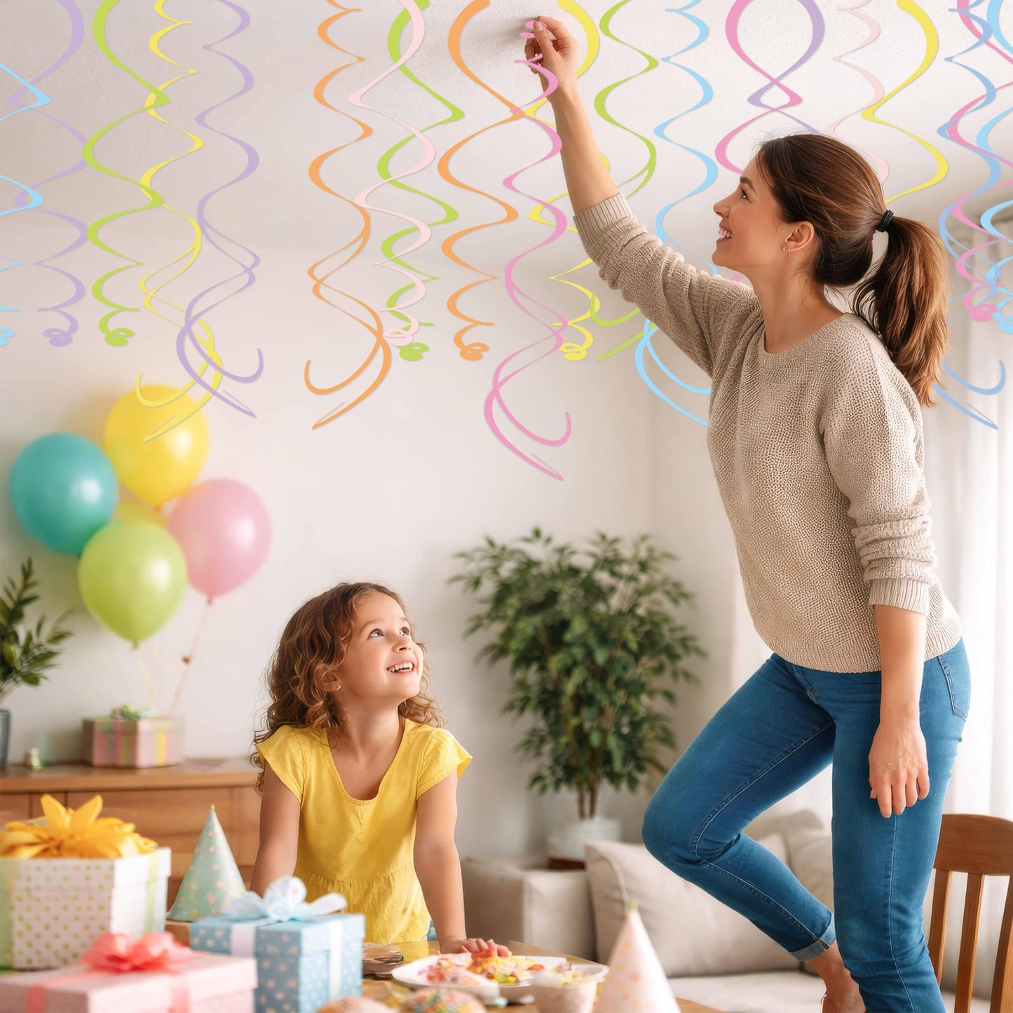 HonuGoGo 48PCS Pastel Paper Swirl Decorations Hanging Ceiling Streamers for Birthday, Spring, Bridal, Gender Reveal, Wedding, or Everyday Party Decor