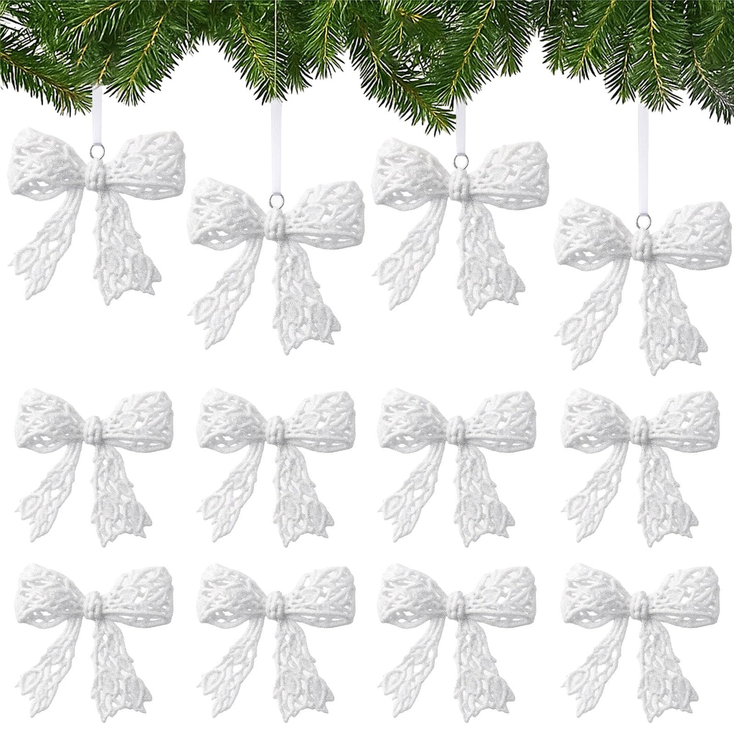 Thyle 12 Pcs Glitter Christmas Bow Ornaments for Christmas Tree Decorations 3.94'' White Shiny Wreath Bows Pendant Xmas Tree Hanging Ornaments for Holiday Winter Home New Year Party Decorations