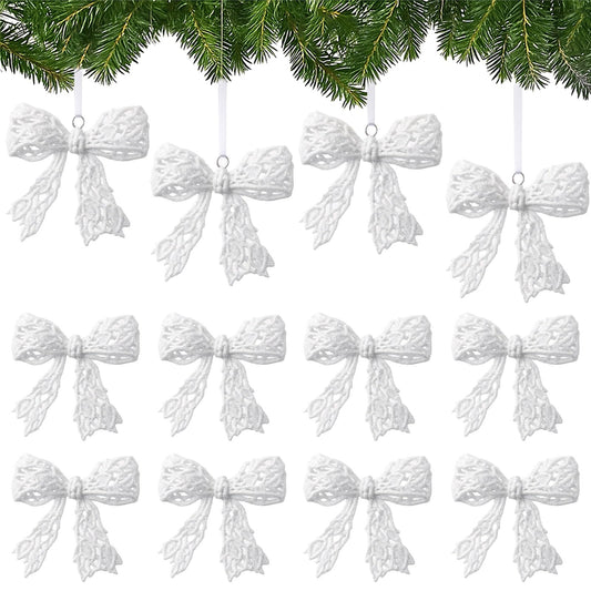 Thyle 12 Pcs Glitter Christmas Bow Ornaments for Christmas Tree Decorations 3.94'' White Shiny Wreath Bows Pendant Xmas Tree Hanging Ornaments for Holiday Winter Home New Year Party Decorations