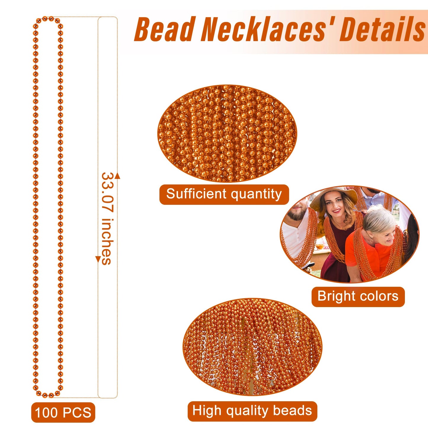 EOBOH 100PCS Mardi Gras Beads, Orange Bead Toy Necklaces Party Favors, 33" Necklaces Costume Accessories, Festival Parade Throw Accessories Mardi Gras Halloween Wedding Celebrations Decor