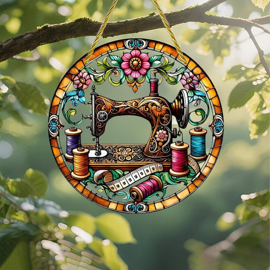 Colorful Acrylic Suncatcher, Antique Sewing Machine Floral Design 7-inch Hanging Window Wall Art Decor with Printed Stained Glass Style Design, Gift Idea & Garden Ornament Indoor Outdoor Use