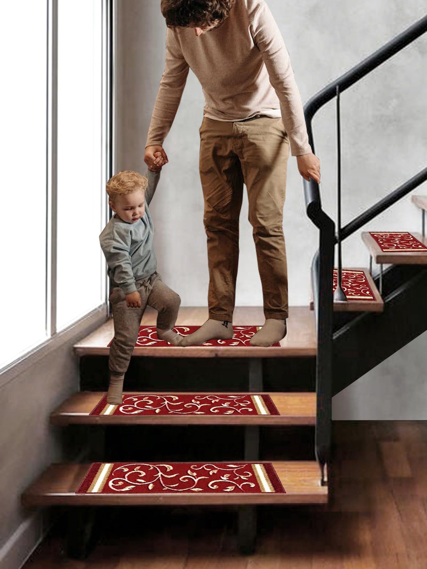 Gloria Stair Treads Carpet Non-Slip Stair Runners for Wooden Steps Non Slip Rubber Back Stair Rugs Stairway Carpet Set of 7 Red Floral (8.5” x 26”)