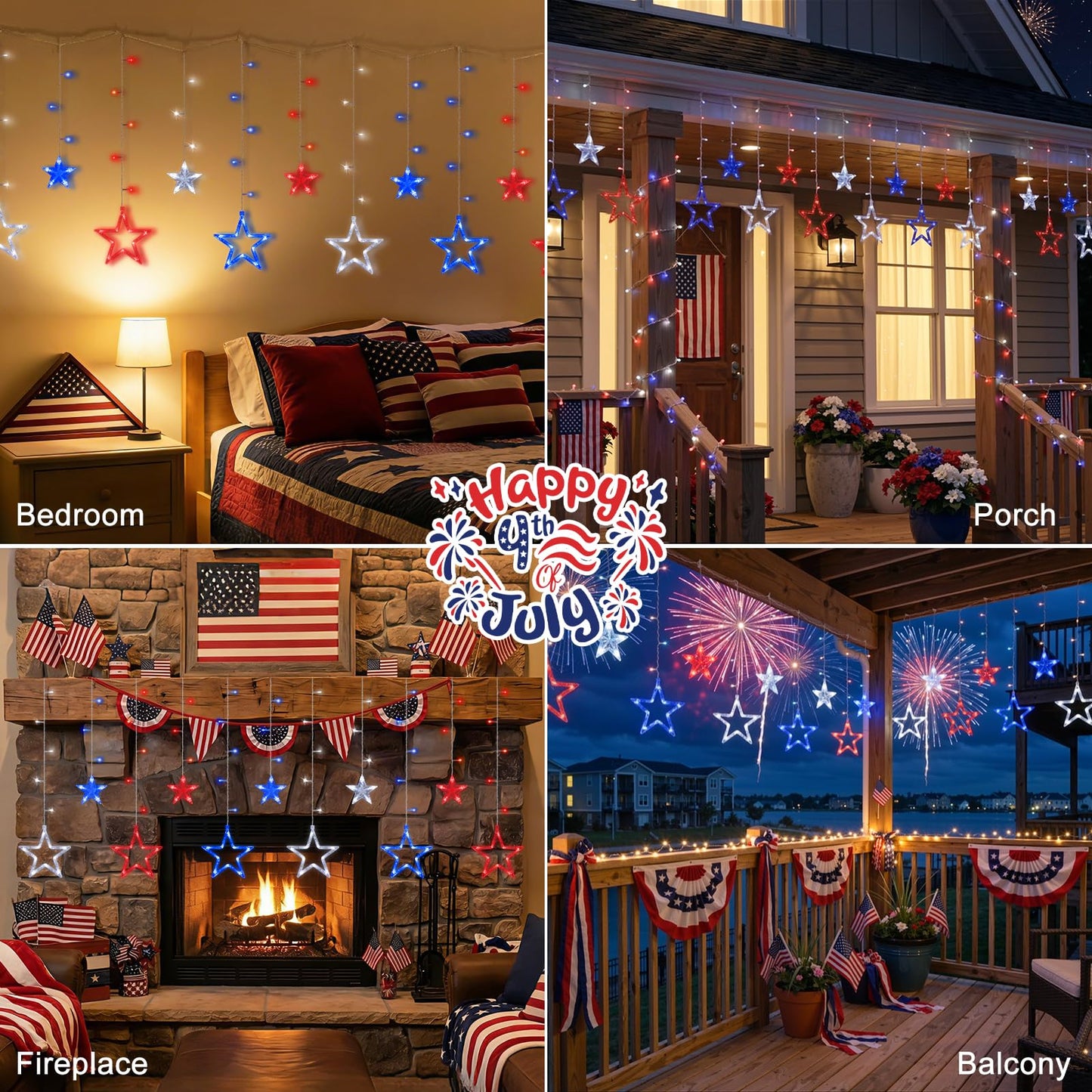 Lewondr 4th of July Curtain String Lights, 11.5FT 138 LED Hanging Patriotic Star Icicle Lights with 6H Timer, 8 Modes, USB, Red White and Blue 4th of July Decorations for Independence Memorial Day