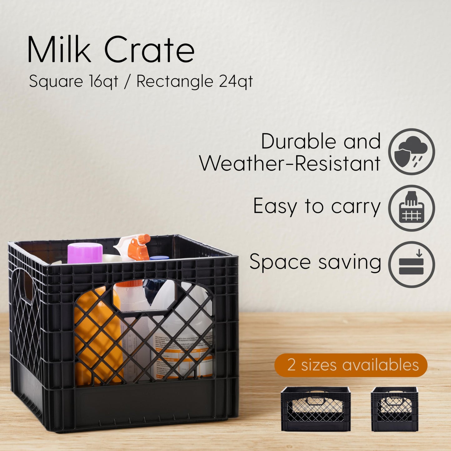 Plastic Milk Crate Storage Tote with Handles, 16-Quart Stackable Cube Organizer for Garage, Home, and Office, Made in the USA, 13" x 13" x 11" (1-Pack) - Black