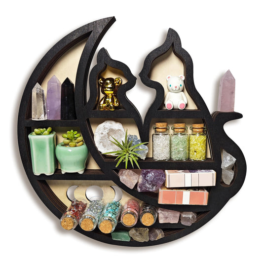 FNYDOX Crystal Display Shelf for Wall, Cats on The Moon Shelf, Crescent Moon Phase Cute Home Decor Wooden Rock Display Shelf Crystal Holder Stone Storage Aesthetic Hanging Floating Organizer