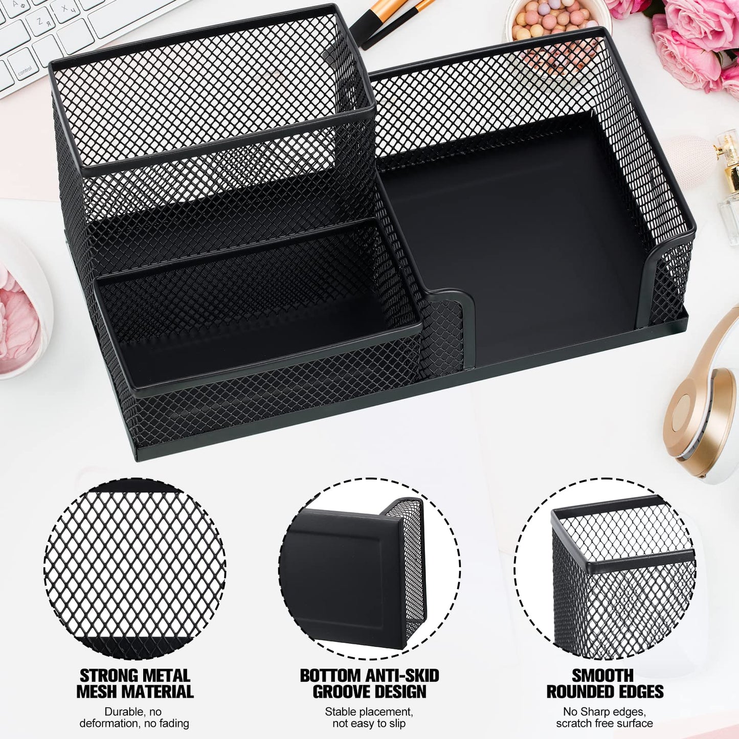 Ferraycle 4 Pcs Mesh Desk Organizer 3 Compartments Mesh Pen Holder Sticky Notes Pencil Holder Metal Caddy Desk Pen Organizer for Desktop Accessories Storage Baskets Home Office School(Black)