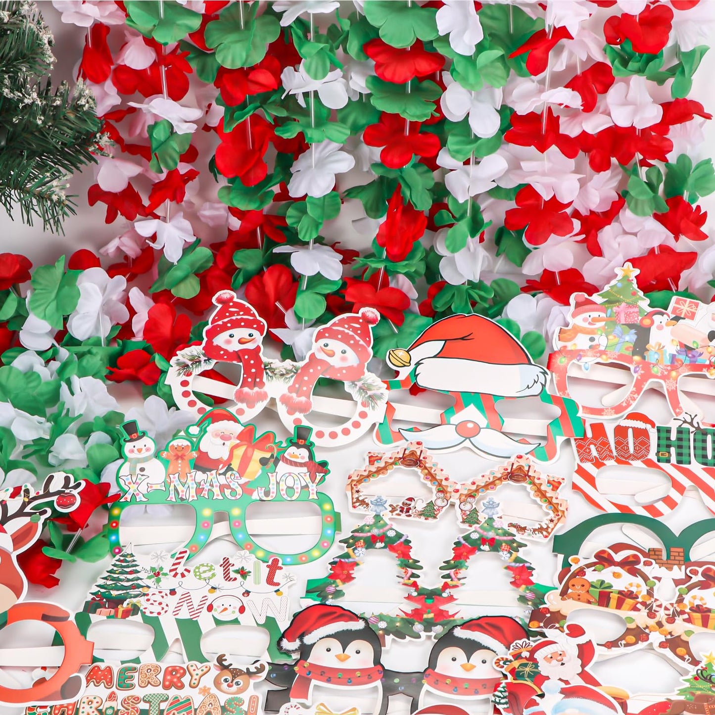 Atonofun 64 PCS Leis for Christmas Party Decorations- Leis Bulk, Red and Green Flower Lei for Adults Birthday Christmas Party Favors Supplies