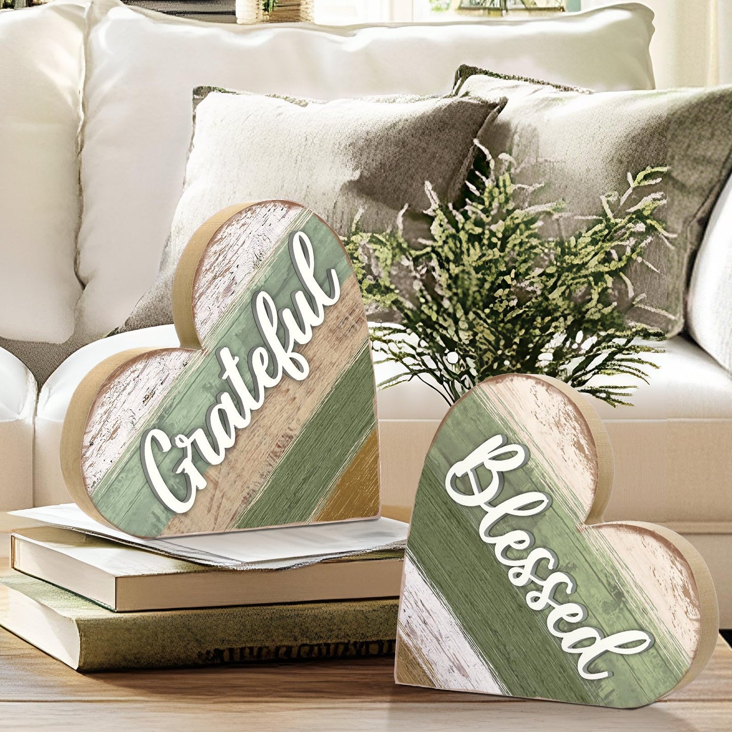 Jetec 2 Pcs Rustic Wooden Heart Table Decor, Daisy Farmhouse Home Decor, Bless This Home & Be Kind Sign for Living Room, Dining Room, Shelf & Mantel, Ideal Housewarming & Birthday Gift(Blessed Style)