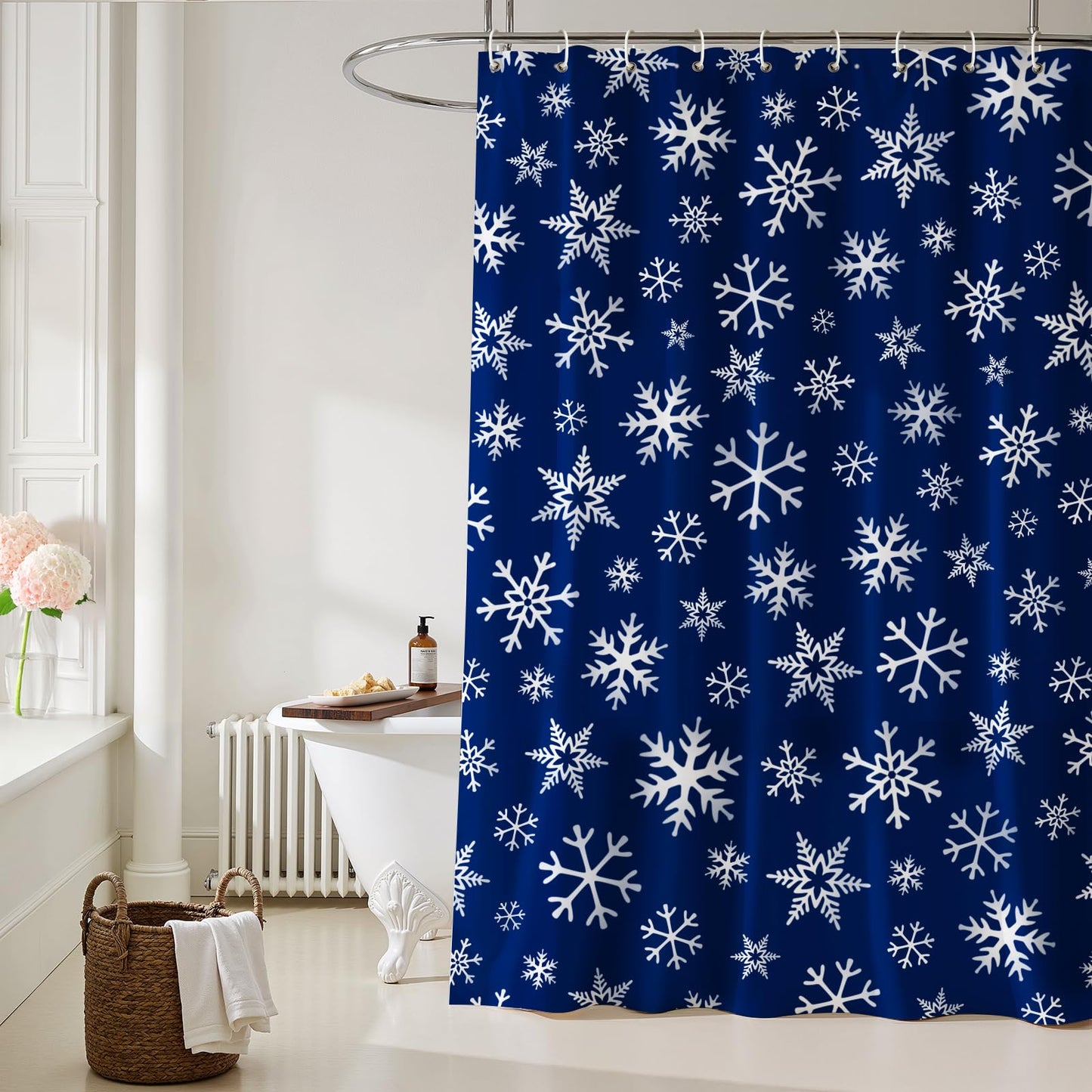 Christmas Shower Curtain: Blue White Snowflakes Christmas Bath Shower Curtain Set with Hooks, Serene Winter Snowflake Merry Xmas Fabric Bathroom Decorations for Home Farmhouse Window Indoor Decor