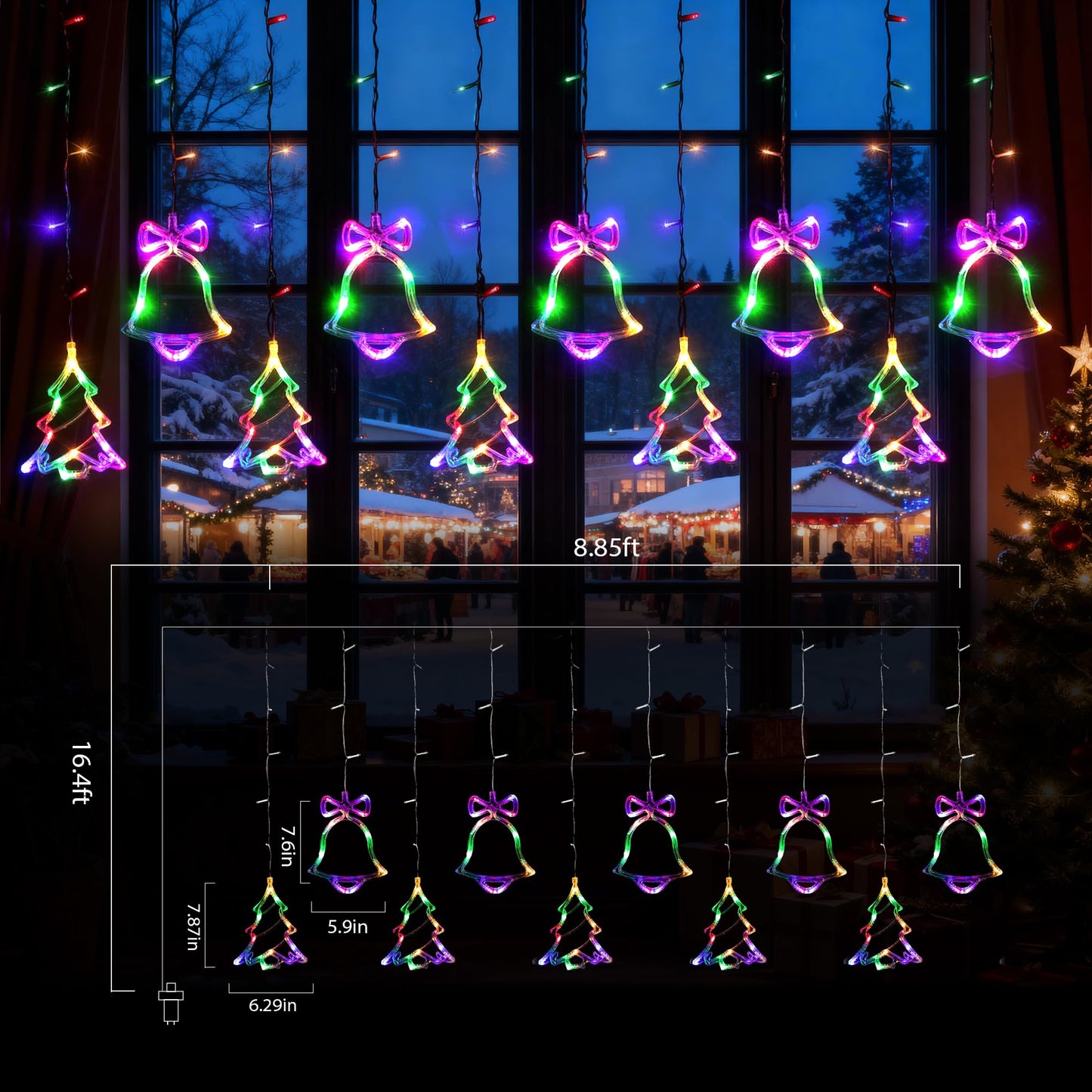 NWLIGHT Christmas Window Lights 140LED, 9ft Christmas Curtain Lights with Tree Bell 8 Modes Xmas String Lights Decorations for Bedroom Wall Window Indoor Outdoor Party Decor