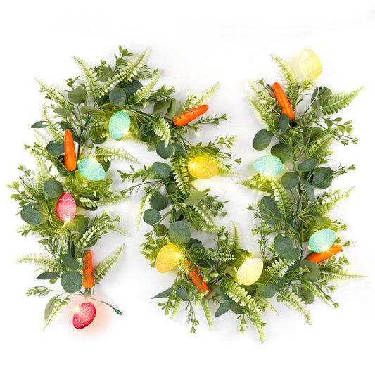 N&T NIETING 6 FT Easter Artificial Garlands with 10 Glowing Eggs & 6 Carrots, Fern Garland for Home Kitchen Fireplace Indoor Outdoor Holiday Party