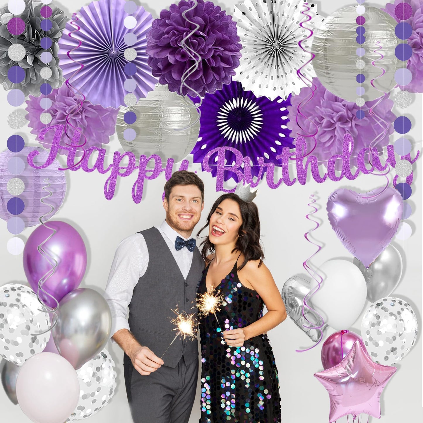 Purple Silver Birthday Party Decorations Kit with Happy Birthday Banner, Paper Lanterns, Streamers, Tissue Pom Poms, Honeycomb Flower Fans, Silver and Purple Balloons, & More for Women Girls' Party