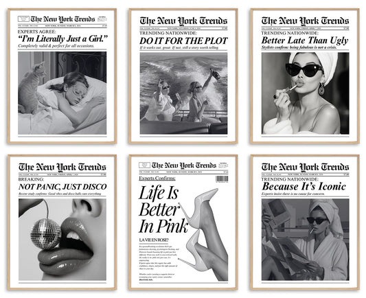 uniro Trendy Newspaper Wall Art Prints, Vintage Black & White Newspaper Wall Decor Aesthetic Pictures, Retro Girly Dorm Room Decor, Funky Bathroom Wall Decor Disco Poster for Teen Girl Bedroom Apartment, Bar Cart decor - Unframed
