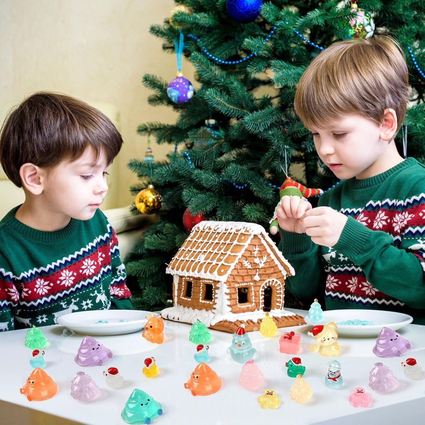 Jansun Mini Christmas Luminous Figurines, 45pcs Christmas Resin Snowman Christmas Tree Gift Box Gingerbread Man Glow in The Dark Decorations for DIY Crafts Xmas Party Gifts Garden Dollhouse Decor