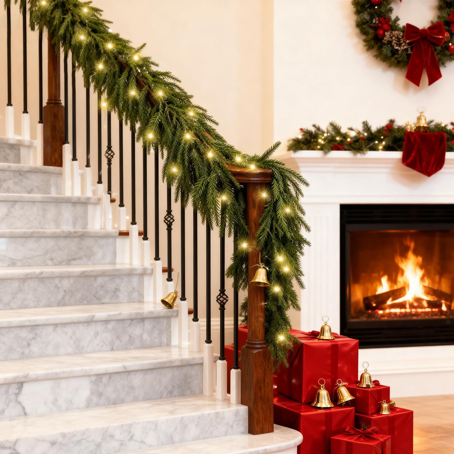 Christmas Garland with Lights for Mantle Prelit - INCIKITI 9FT Norfolk Pine Garland Prelit Garlands for Decoration Christmas, Battery Operated Christmas Garland with Lights for Stairs Railing Table