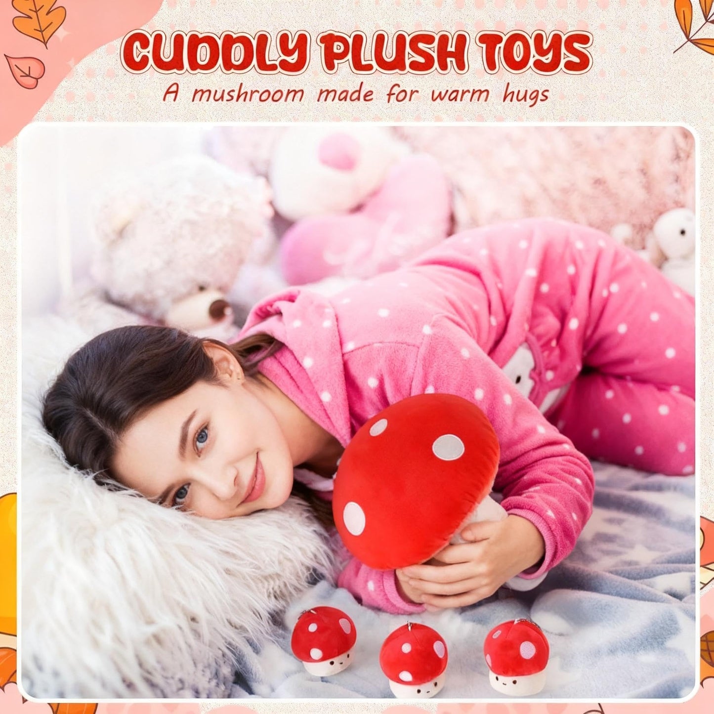 Fanfanwin 5 Pcs Mushroom Plush Pillow, 12 Inch 1 Large Mushroom Plush Pillow with 4 Small Stuffed Animals Hugging Room Decor Gift for Valentine