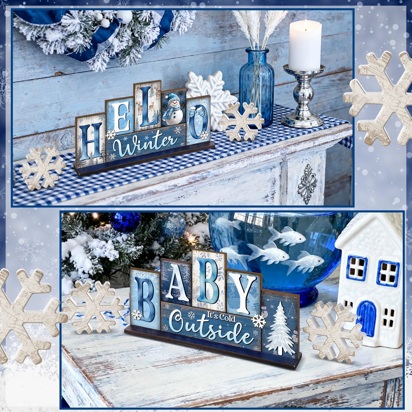 Thyle 3 Pcs Winter Wooden Table Decor Reversible Hello Winter Baby It's Cold Outside Centerpiece Blue and White Tray Decor Double Side Snowflake Blocks Sign for Farmhouse Tabletop Home Office Shelf