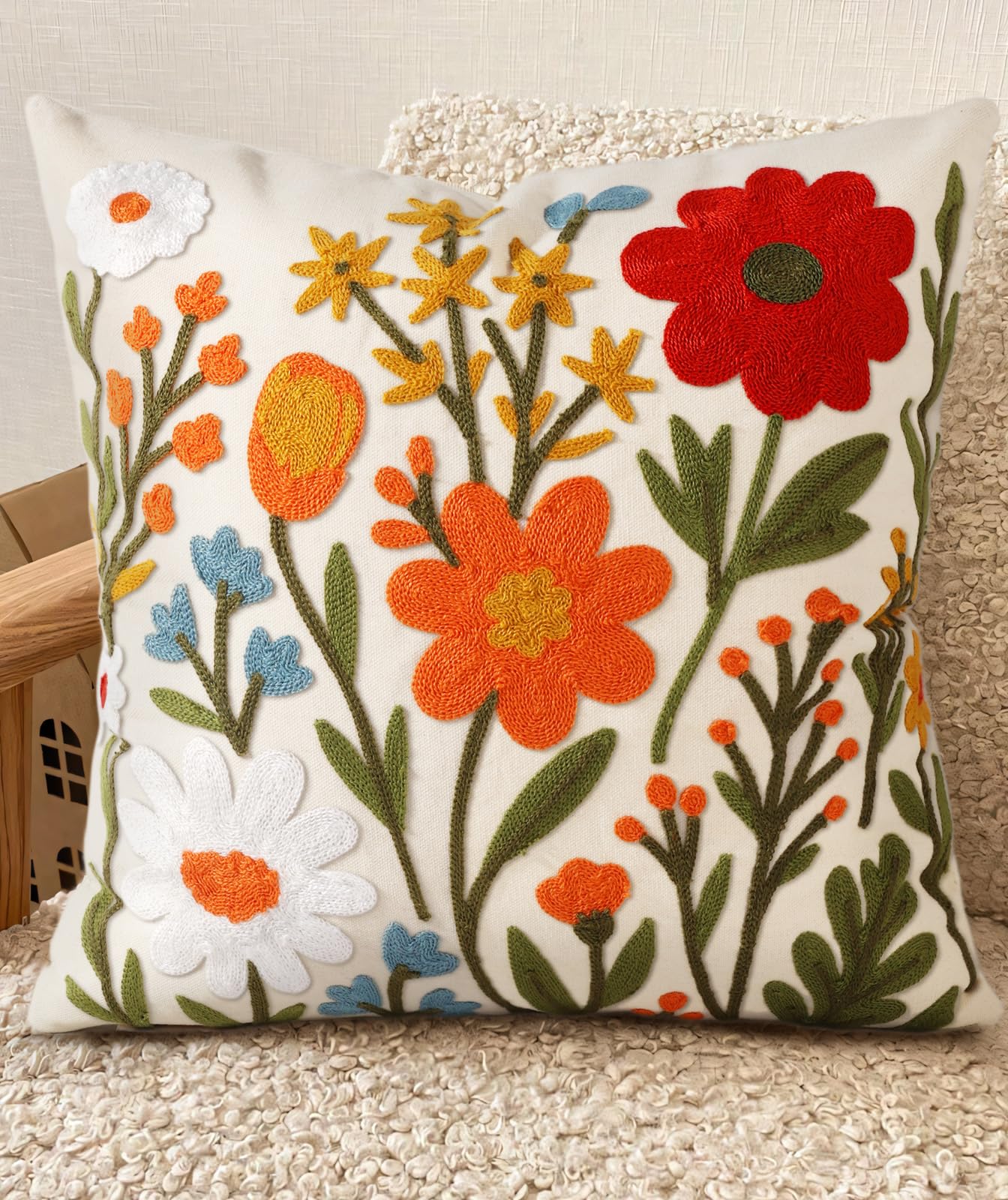 Kokaaee Embroidered Throw Pillow Cover 18x18 Inch - Spring Summer Boho Decorative Pillow Cover with Zipper for Living Room Couch Sofa Bed Aesthetic Design Flower Cluster Cushion Pillowcase