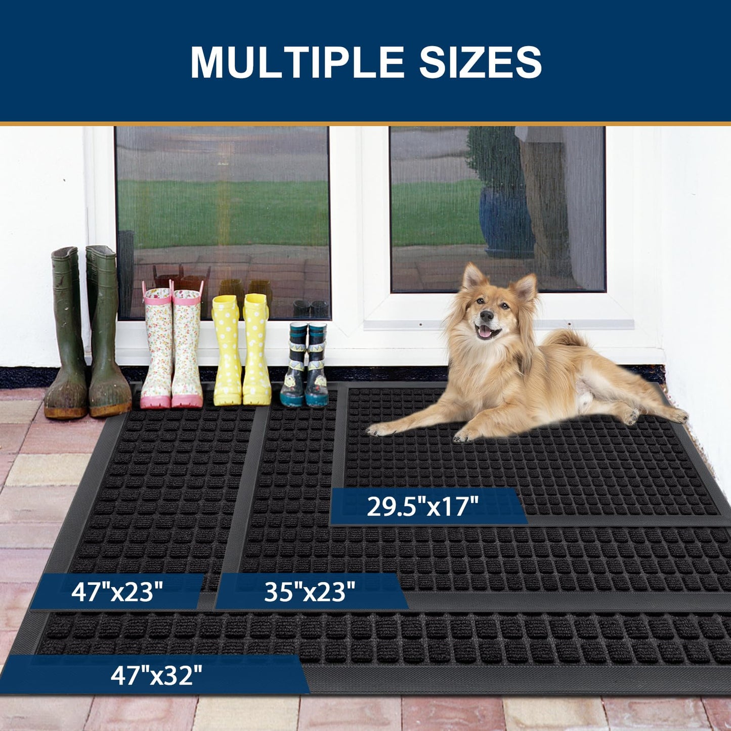 Smiry Front Door Mat Outside Entrance, Heavy Duty Natural Rubber Doormat, Non Slip, Trap Dirt and Moisture, Easy Clean, Low Profile Welcome Floor Mats for Indoor Outdoor Entry, 29.5x17 Inch, Black