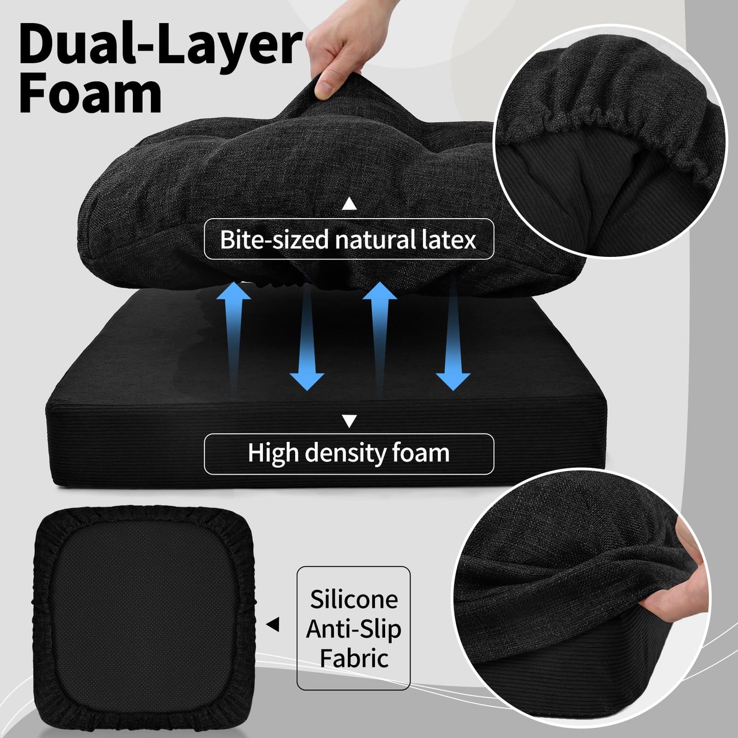 BUYUE Natural Latex Foam Support Chair Cushion for Elderly, 2-Tier Removable, 2-Faced Reversible Recliner Chair Pad Couch Armchair Seat Cushion Replacement, 20" x 20" x 5", Black