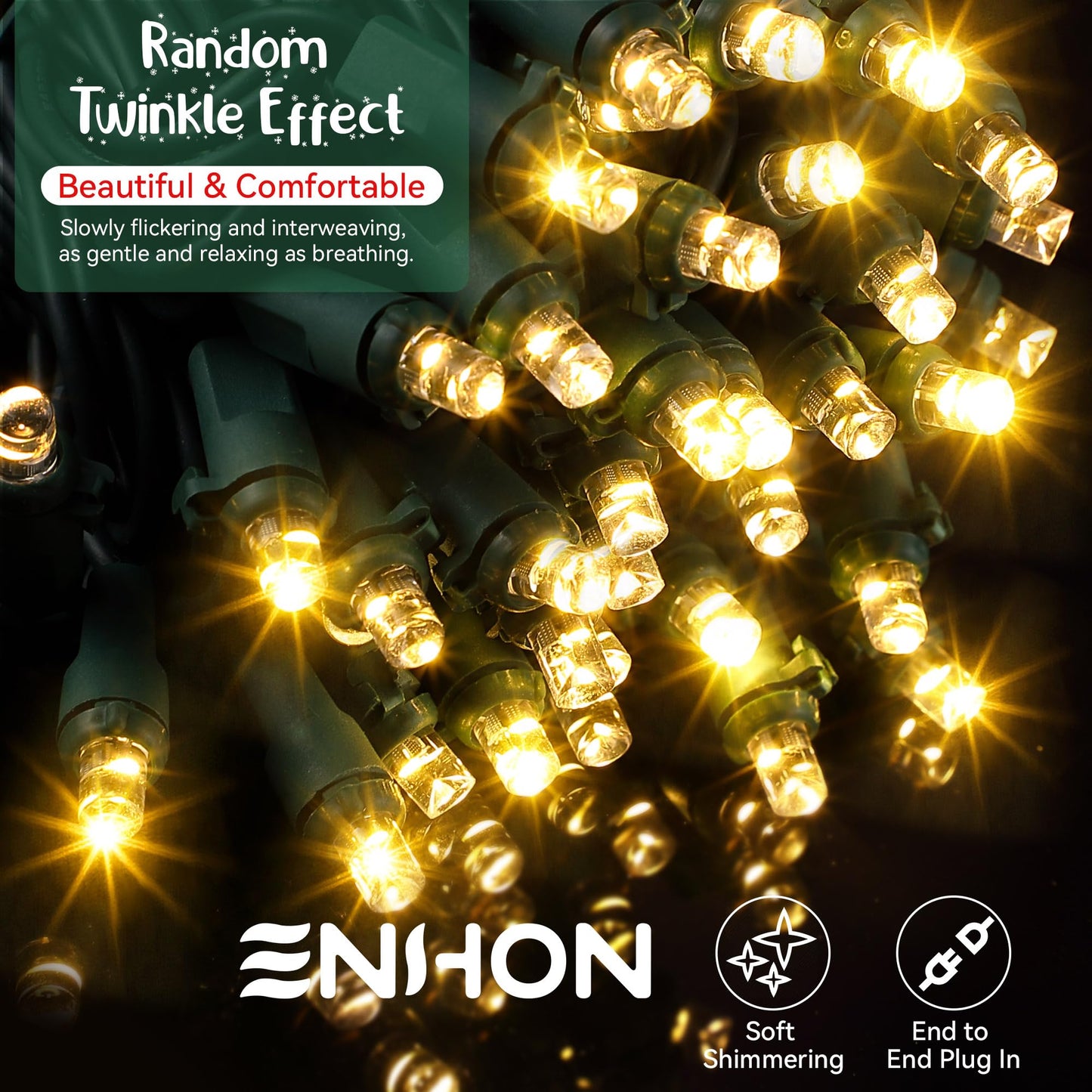 Enhon Slow Twinkling Christmas Light, 100 Lights 35 Ft Twinkle Pulsing Christmas, 5mm LED Wide Angle Soft Random Shimmering Set with Green Wire(Warm White,1 Pack)