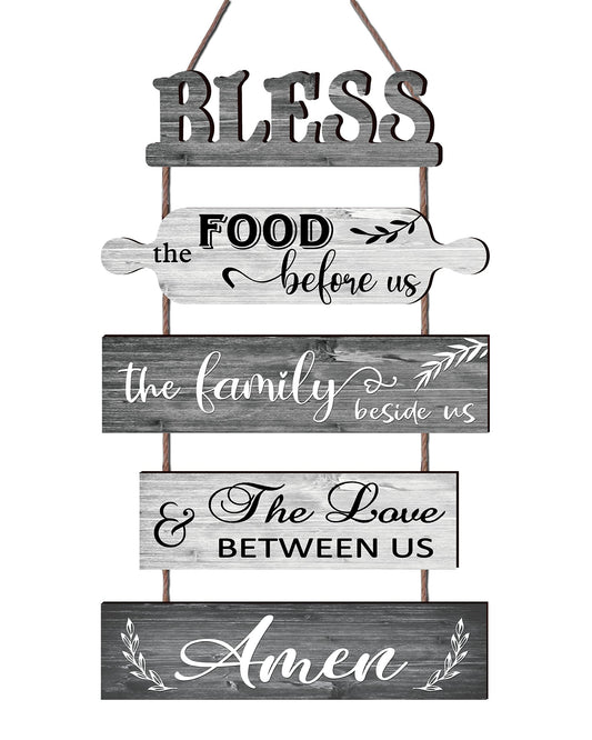 Buecasa Bless the Food Before Us Farmhouse Kitchen Wall Decor - Dining Room Decorations Collage Art in White Grey Color - Wooden Rustic 5pcs Roped Sign 13x24 Inches Vertical