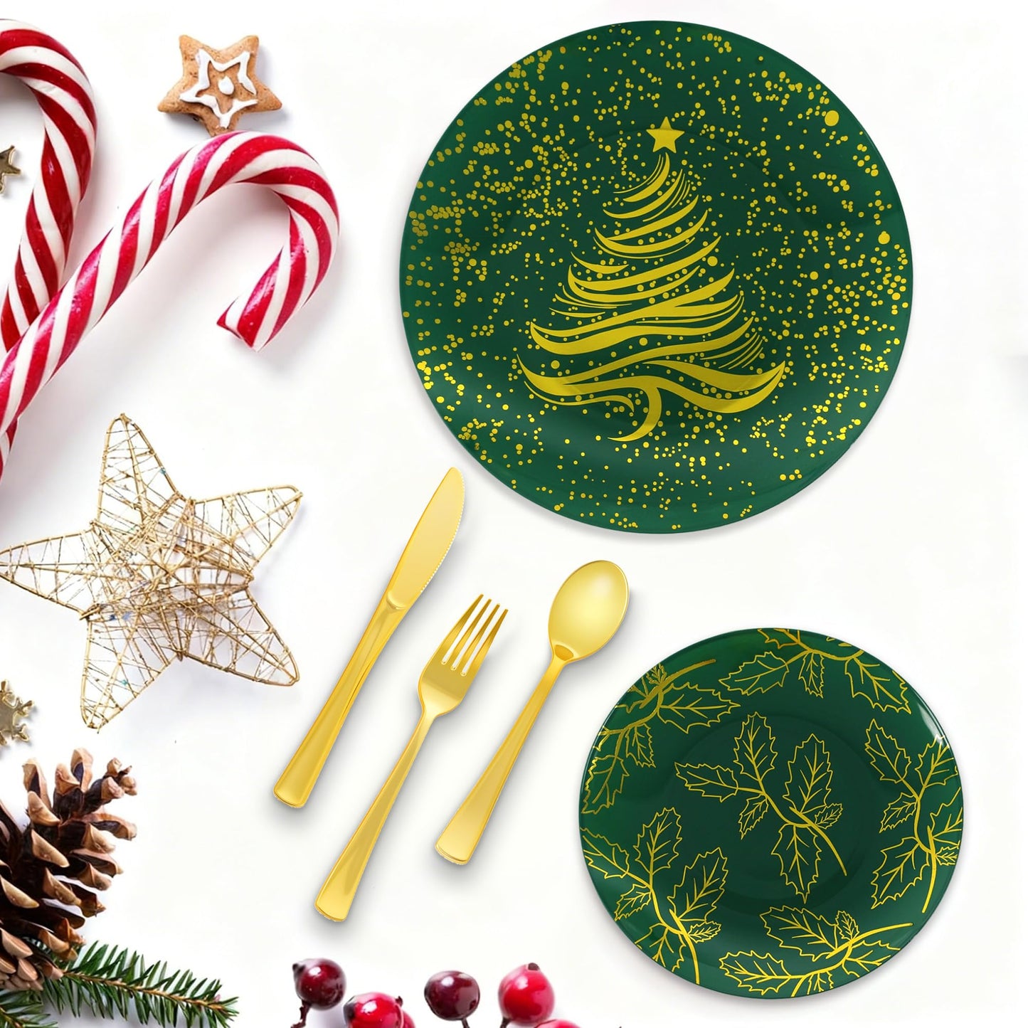 qonimi 175PCS Christmas Party Supplies - Christmas Plastic Dinnerware Set for 25 Guests, 50 Dinner Plates, 25 Cups, 25 Pre-Rolled Napkins with Plastic Cutlery, Gold Tree Design for Party