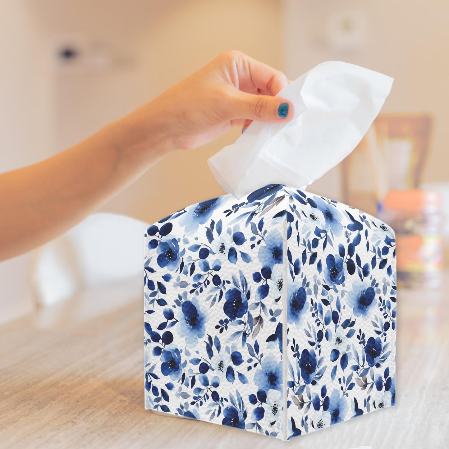 Sweet Blue Flower Watercolor Tissue Box Cover, Leather Tissue Box Holder Square Facial Paper Organizer Dispenser for Bathroom Kitchen Bedroom Vanity Countertop