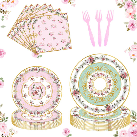 Fyeoxle 96pcs Floral Party Supplies Flower Paper Plates and Napkins Tableware Set for 24 Guest Floral Party Disposable Paper Dinner Plates Napkins Forks for Birthday Bridal Shower Tea Party Supplies