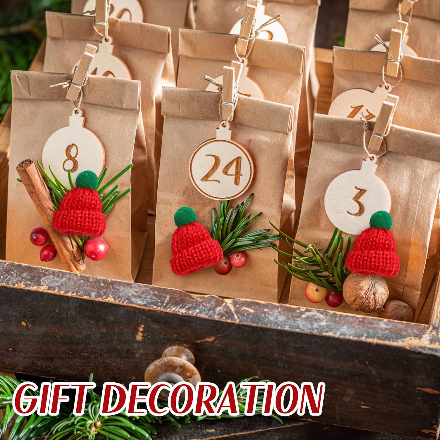Luckforest Mini Knitting Hats, 24 Pcs Christmas Mini Knitting Doll Hats Mini Wool Hats for Christmas Party Tree Ornaments DIY Art and Craft, 3 Colors