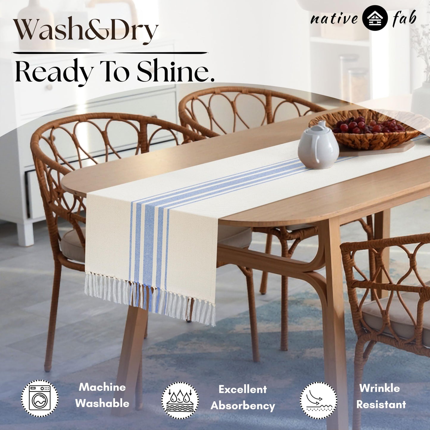 Native Fab Stripe Table Runner - 72 Inches Long Boho Table Covers with Tassels - 100% Cotton, Tight Weave, Non Slip Tablerunner for Dining, Kitchen, Dresser, Wedding, 14"x72" - Light Blue & White