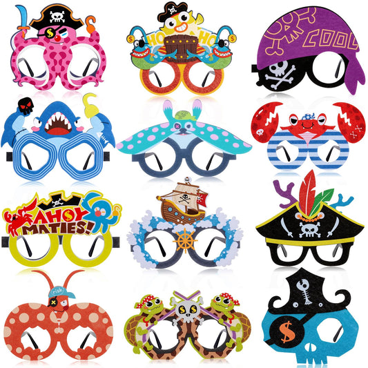 Winrayk 12 Pack Reusable Pirate Felt Glasses Bulk, Pirate Party Decorations & Party Favors, Kids Adults Summer Beach Birthday Holiday Daily Eyeglasses Photo Booth Props Halloween Cosplay Accessories