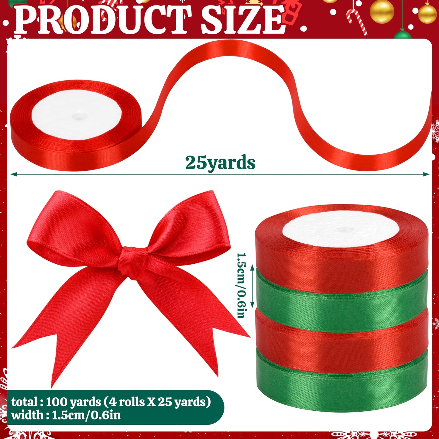 Hoplito 4 Rolls 15mm Wide Christmas Ribbons Total 100 Yards Holiday Satin Ribbons Fabric for DIY Craft Gift Wrapping and Christmas Party Festival Decorations, Red & Green