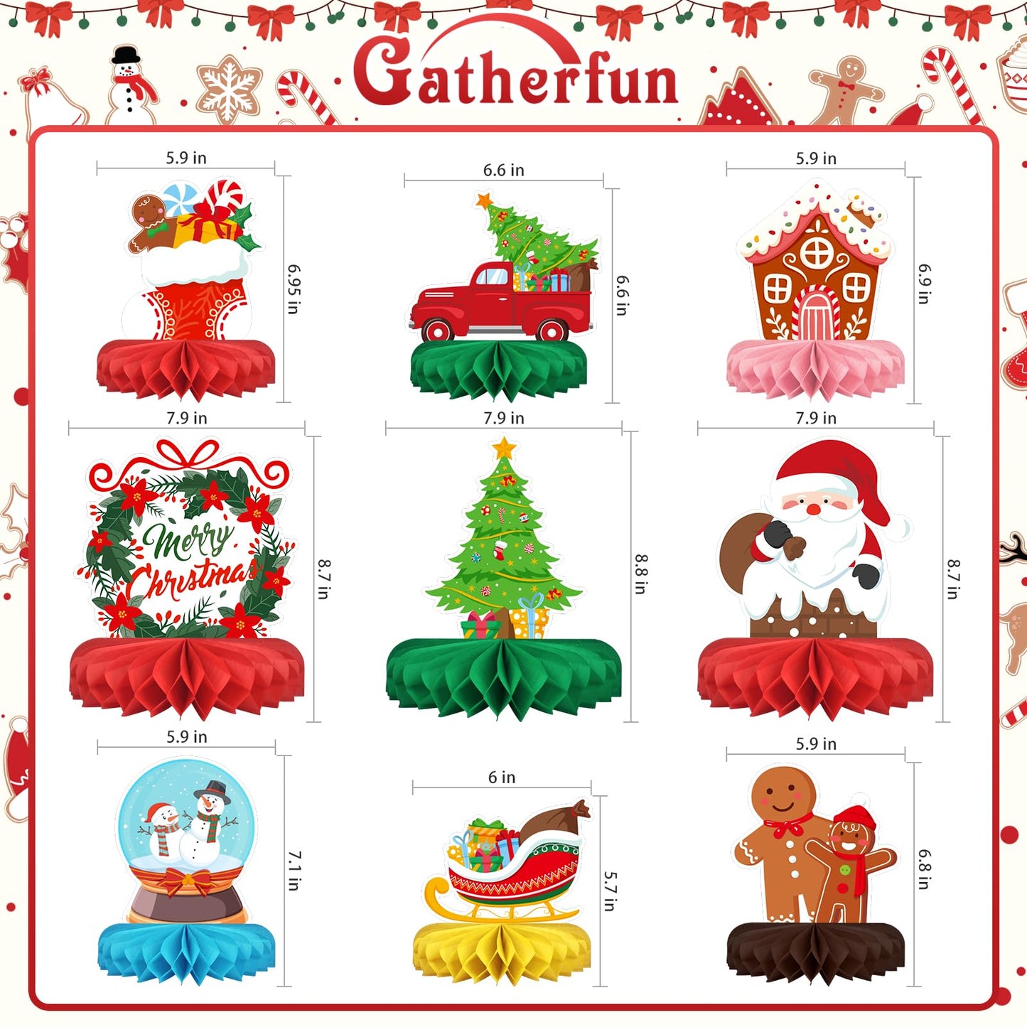 Merry Christmas Party Decorations Bundle - Includes Festive Christmas Honeycomb Centerpieces ，Santa Claus Snowman Table Toppers, Perfect for Classroom Decor, Christmas & Winter Birthday Party Supplies