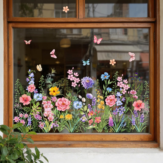 Supzone Colorful Wildflower Static Window Clings Double Sided Spring Summer Flower Butterflies Window Decals Anti-Collision Glass Door Mirror Decals