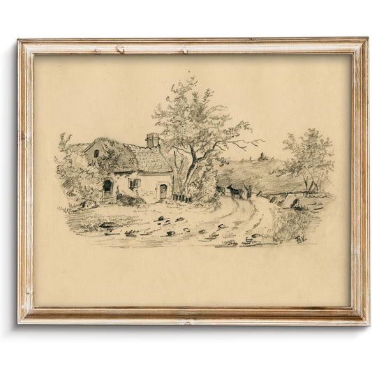 Vodefoad Sketch Cottage Retro Vintage Canvas Wall Art Rural Life Murals Vintage Neutral Wall Art for Home Decor Farmhouse Landscape Sketch Drawing Wall Decor Rustic Nature Canvas Prints Antique Neutral Landscape Oil Painting Vintage Art Pictures for Bedro