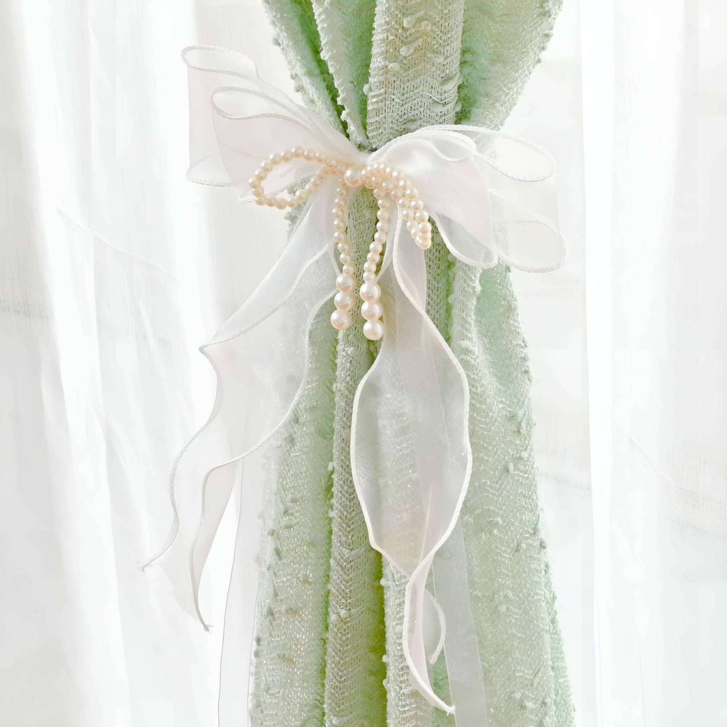 SIELUNO Bow Curtain Tiebacks 2 Pcs,Butterfly Curtain Ties with Pearls,Bowknot Curtain Ties for Home Decorative-White-86cm(33.86in)