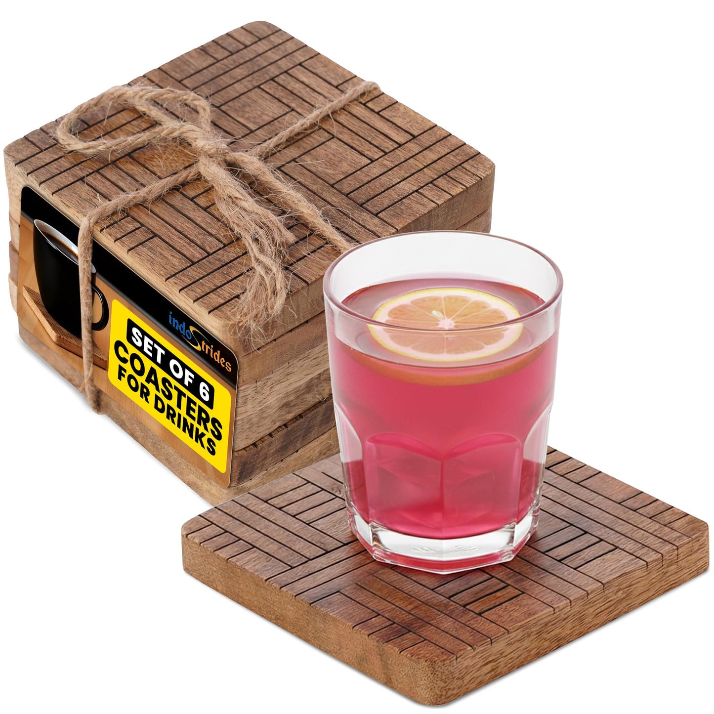 Set of 6 Wood Coasters - Natural Mango Wooden Coasters for Drinks, Beverages, Wine Glasses & Bar Glasses - Rustic & Durable Drink Coasters - Coaster Set for Home, Kitchen, Dining, Bar Decor