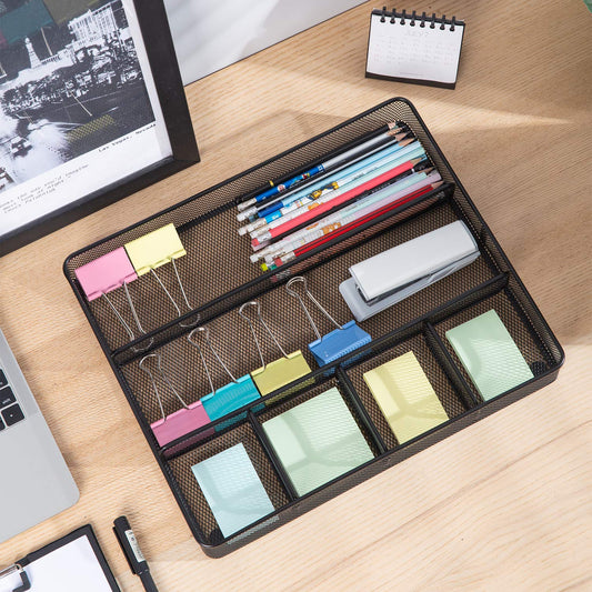 Amazon Basics Metal Mesh Desk Organizer with 6 Compartments, Anti-Slip Pen Holder Storage Tray for Office Supplies and Home, Black