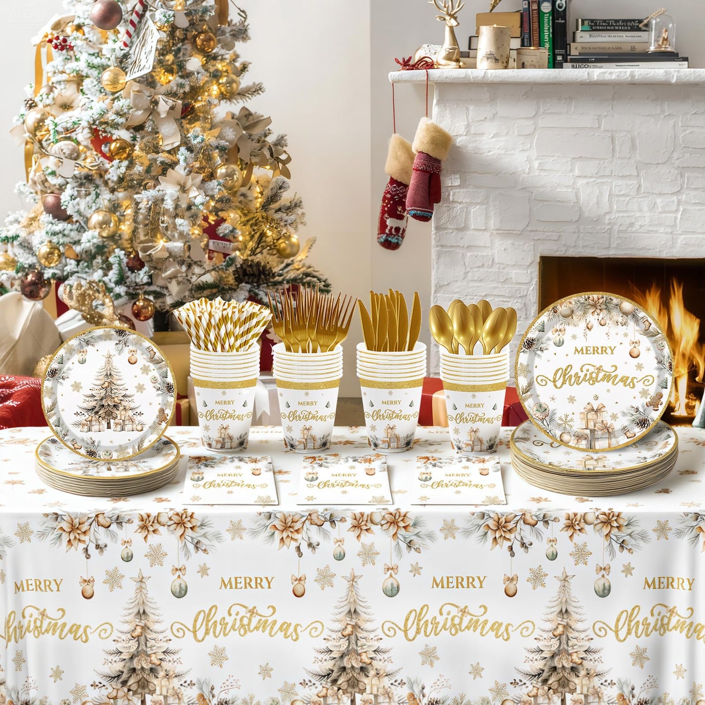 MEHOFOND Christmas Party Supplies193PCS, Gold Christmas Tree Disposable Dinnerware Paper Plates, Napkins, Cups, Cutlery,Tablecloth for Xmas Holiday Party Decor, Serve 24 Guestst