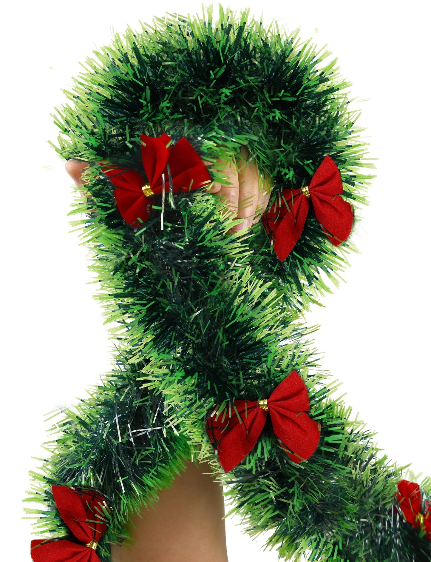 Christmas Tinsel Garland with Light Green Tips (Total 29.7FT) and 27 Red Bows, Festive Pine Garland for Staircase Fireplace Mantle Xmas Tree and Home Party Decor (9.9FT * 3PCS)