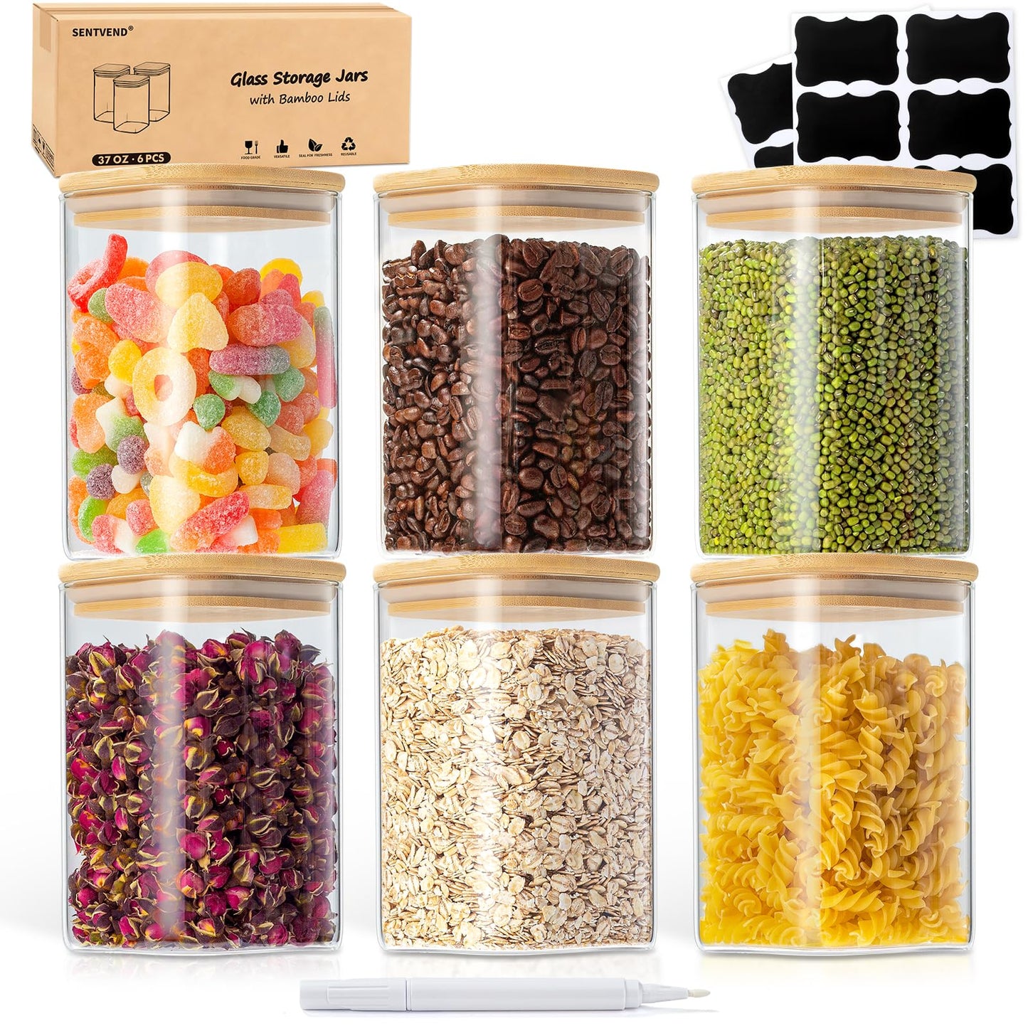 SENTVEND 37 Oz Glass Storage Jars with Bamboo Lids - 6 Pack Clear Glass Canisters Square Airtight Stackable Ideal for Pantry Storage Containers Organizers Great for Storing Oats Coffee Beans Nuts etc